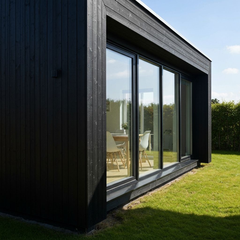 Modern tillbyggnad av ett hus med svart träpanel och stora fönster